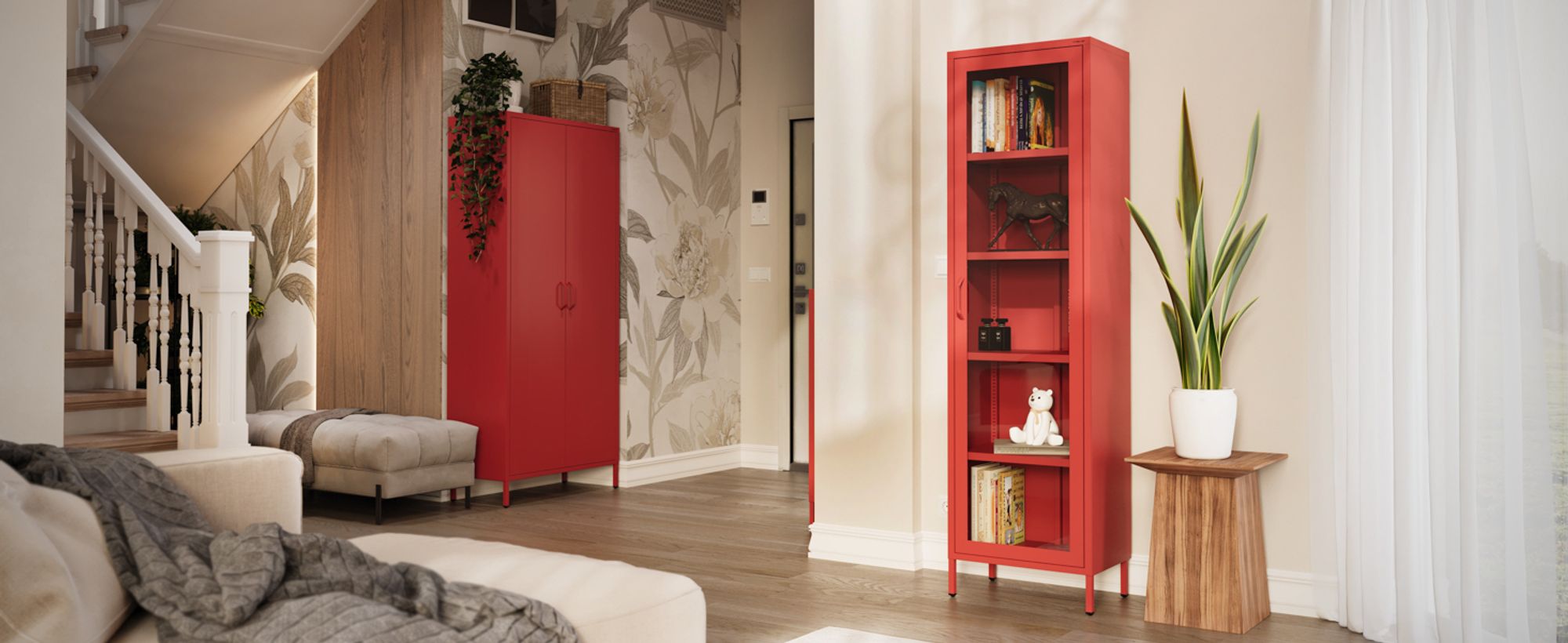Vitrinenschrank Bücherschrank mit 4 Fachböden Vitrine Glitzernd Metall Rot