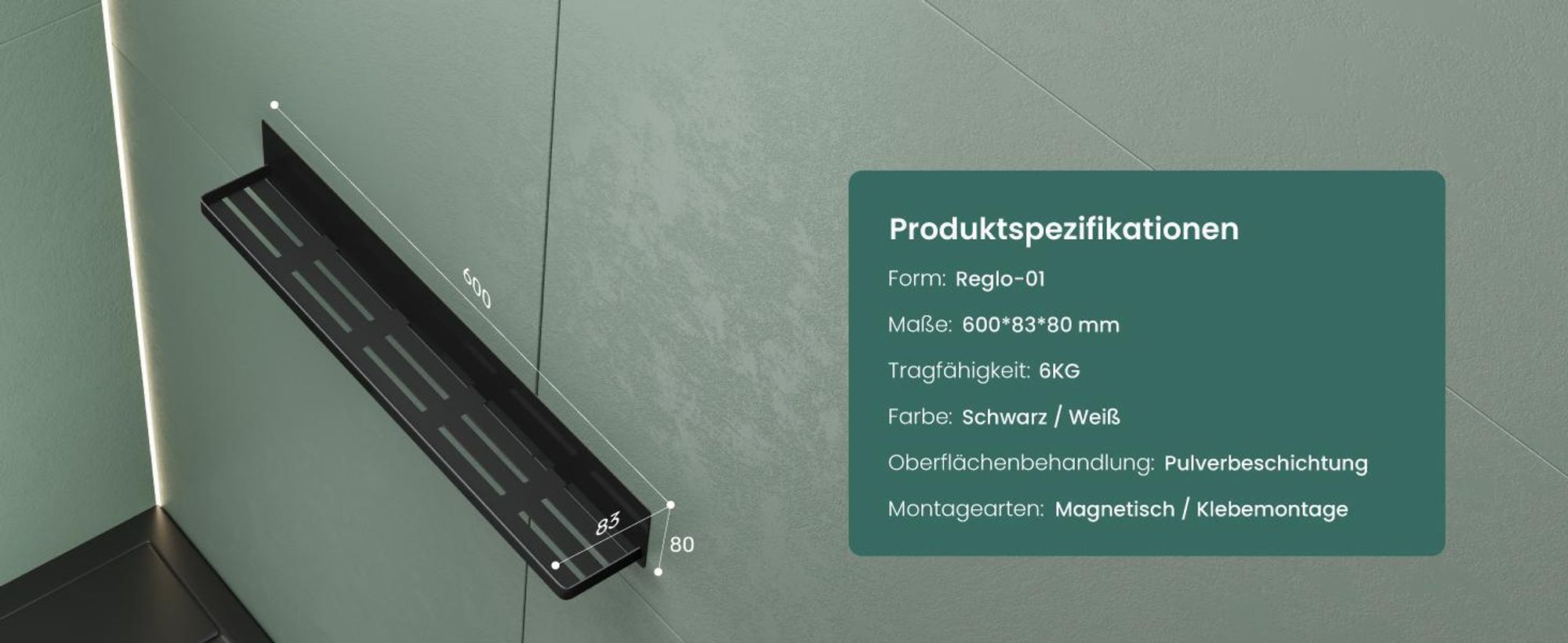Mai & Mai Duschablage ohne Bohren, Duschregal magnetisch, selbstklebende Badezimmerablage zur Wandmontage 60cm Schwarz Reglo-01