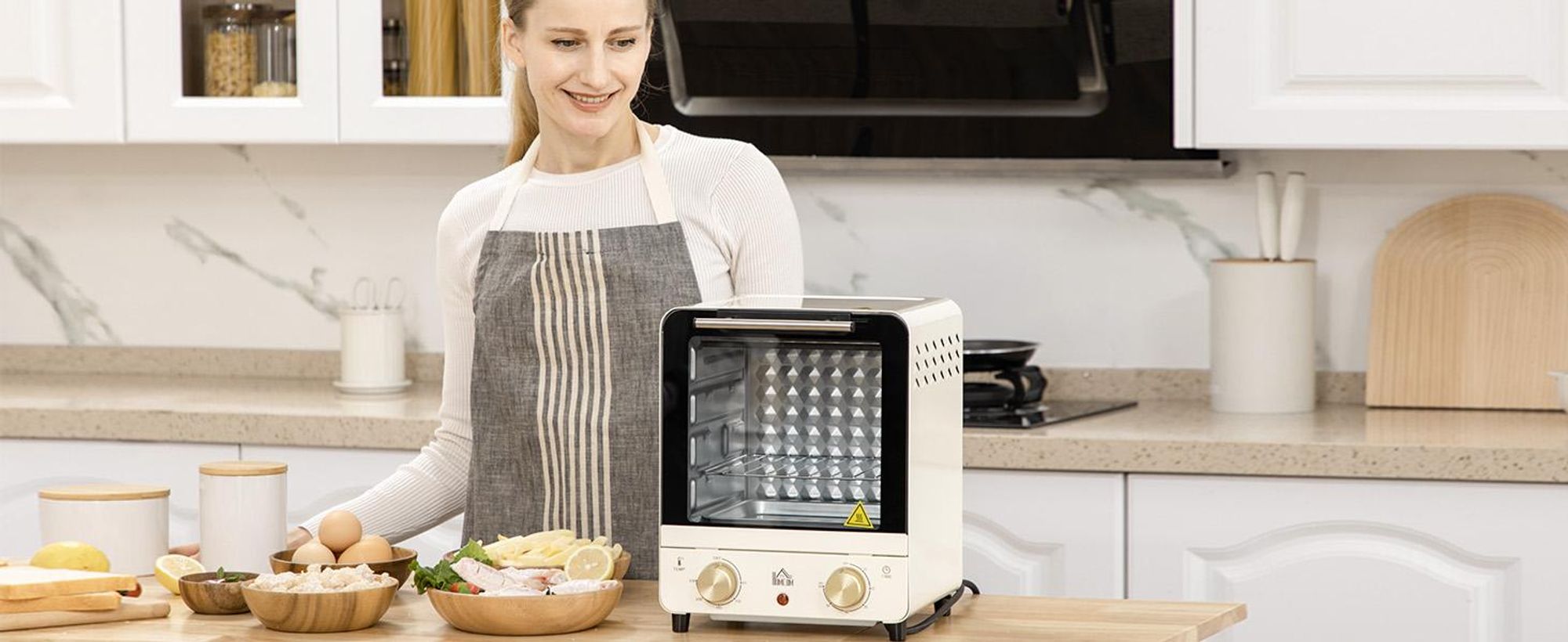 HOMCOM Mini piekarnik 15 l, piekarnik do pizzy 1000 W, elektryczny mini piekarnik, kolor kremowo-biały