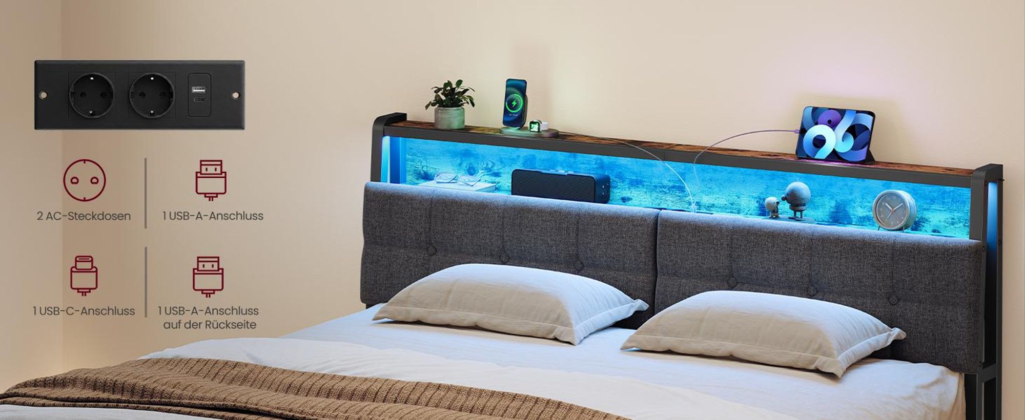 VASAGLE Bettgestell 160 x 200 cm, mit 2 Schubladen, LED-Beleuchtung, Schlafzimmer, Kopfteil, schwarz-braun