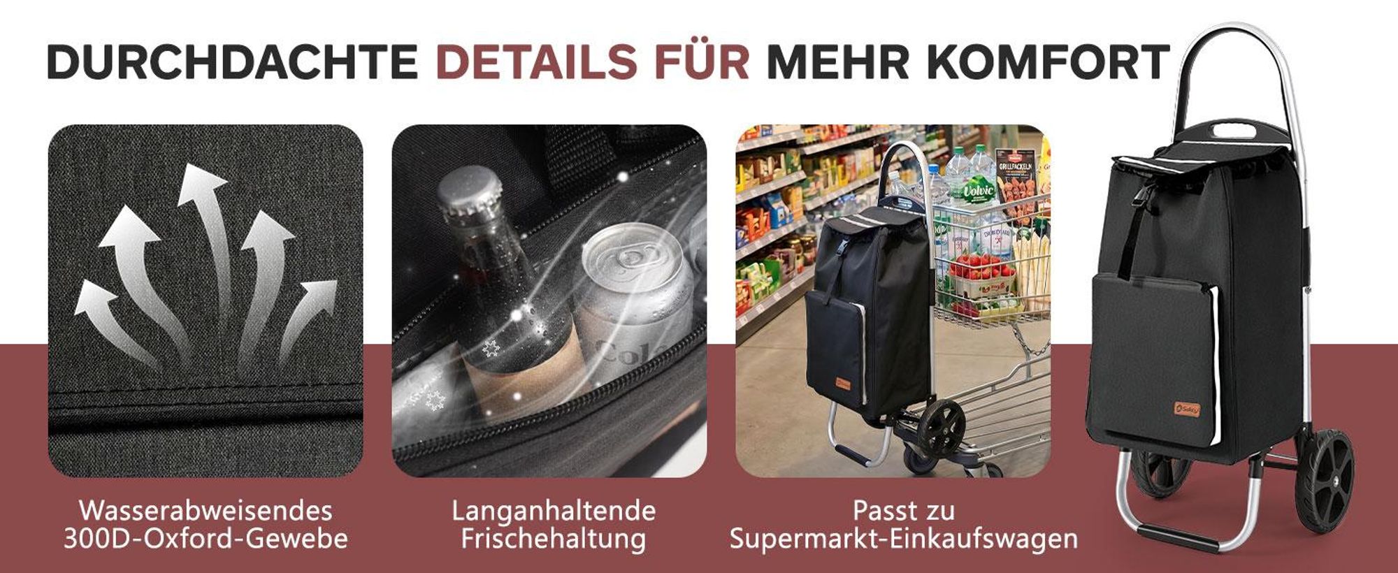 Sekey Klappbar Einkaufstrolley 2 Räder Aluminium, mit 50L Wasserdichter Tasche, Kühlfach, Schwarz