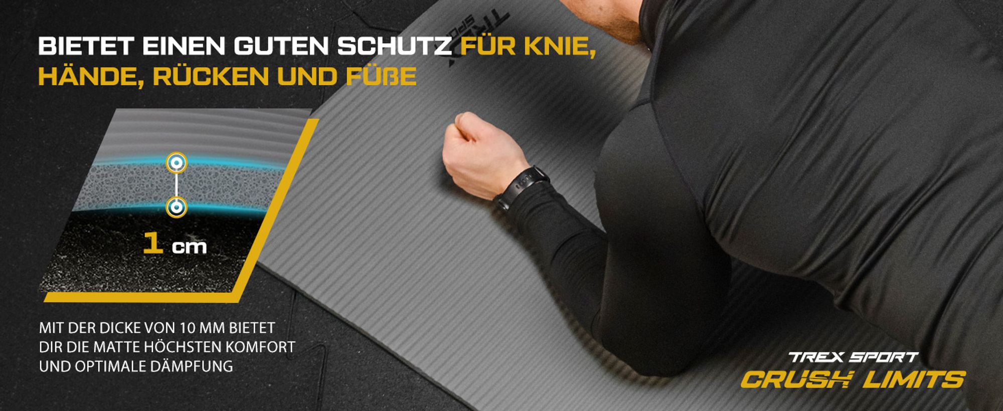 TREX SPORT Gymnastikmatte Fitnessmatte TX-019NGM | Yogamatte Pilates 190×80×1cm | Trainingsmatte rutschfest, wasserdicht, Tragegurt | Sportmatte grau