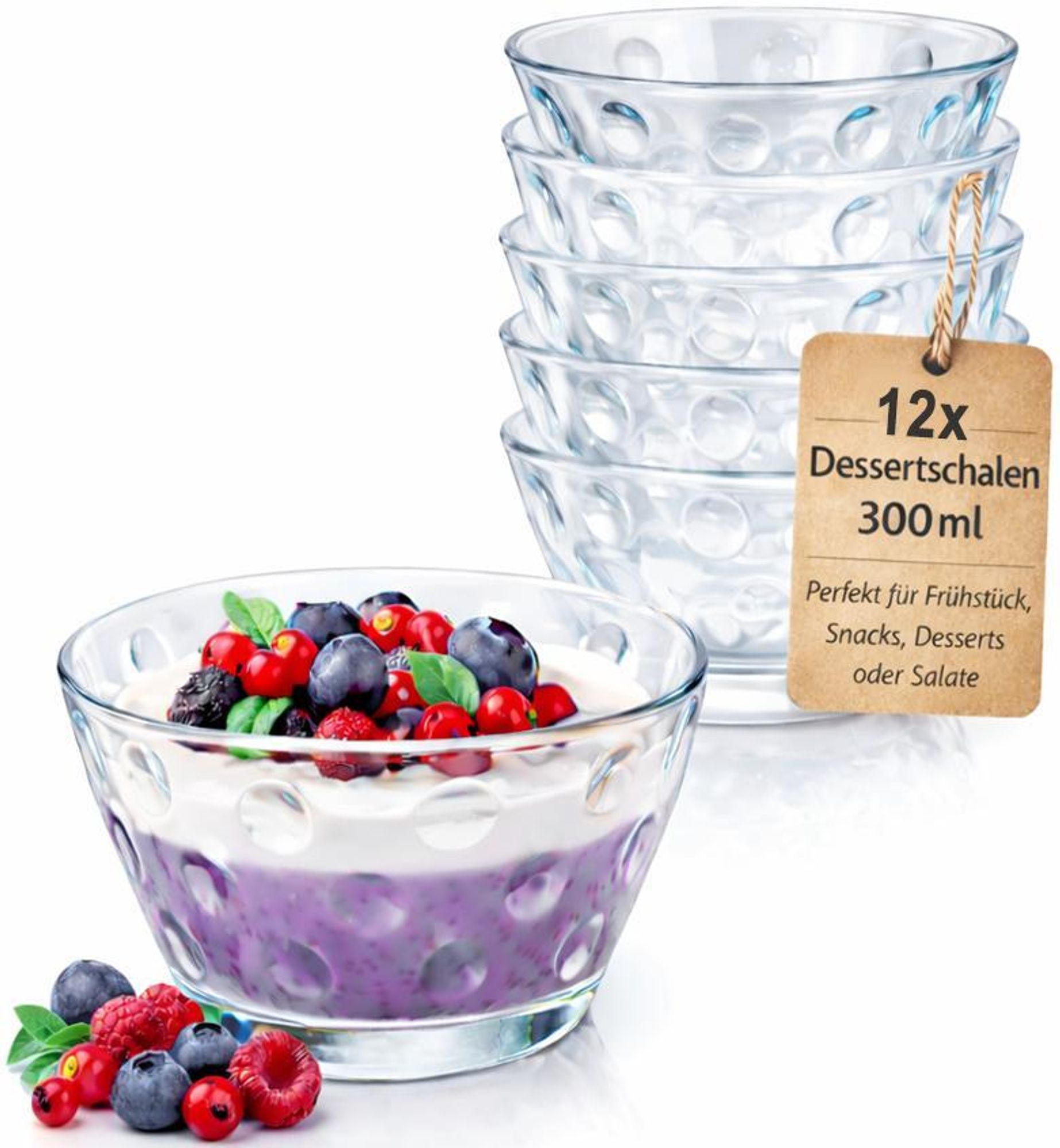 12x Dessertschalen Glas 300 ml – Stapelbare Glasschalen Set für Dessert, Pudding, Müsli, Obst & Salat – Klare Schüsseln für Küche & Haushalt