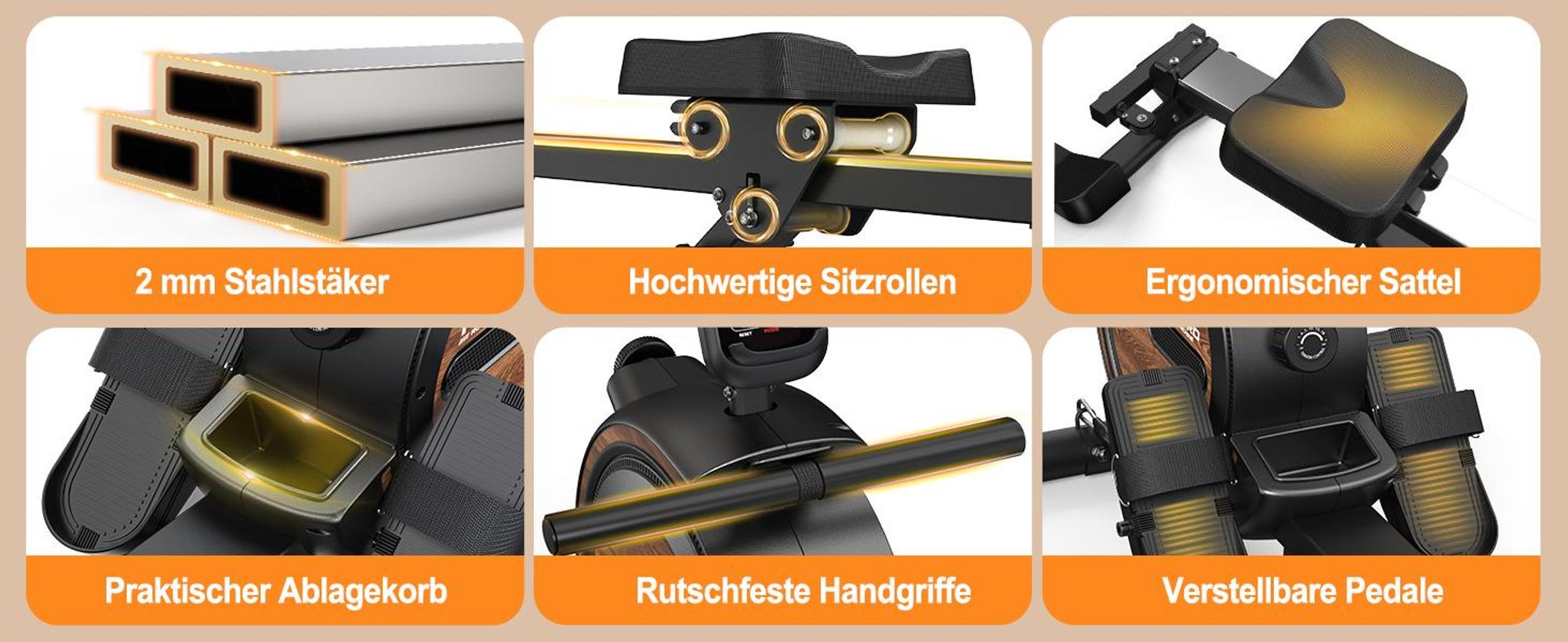 VOWVIT Heim-Rudergerät magnetischer Widerstand, Bluetooth, Tablet-Halterung, bis 160 kg