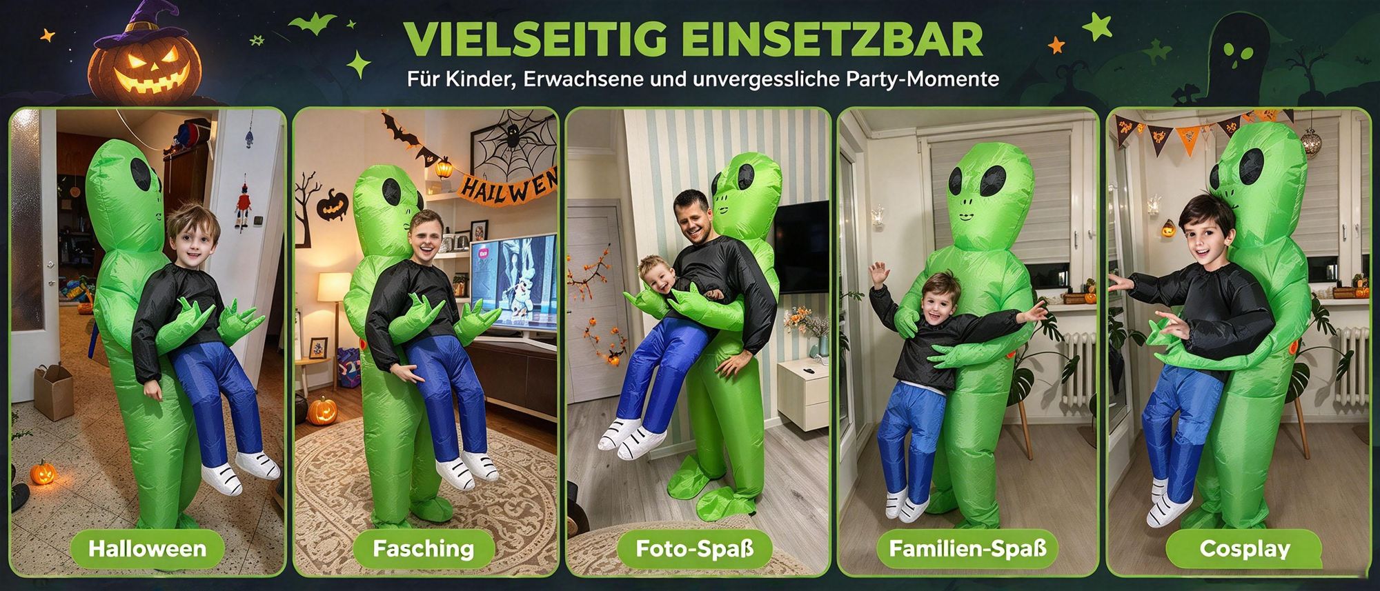 Juksun Alien Kostüm 120-150cm für Kinder PVC und Polyester grün blau aufblasbar mit Pumpe für Halloween Karneval Party