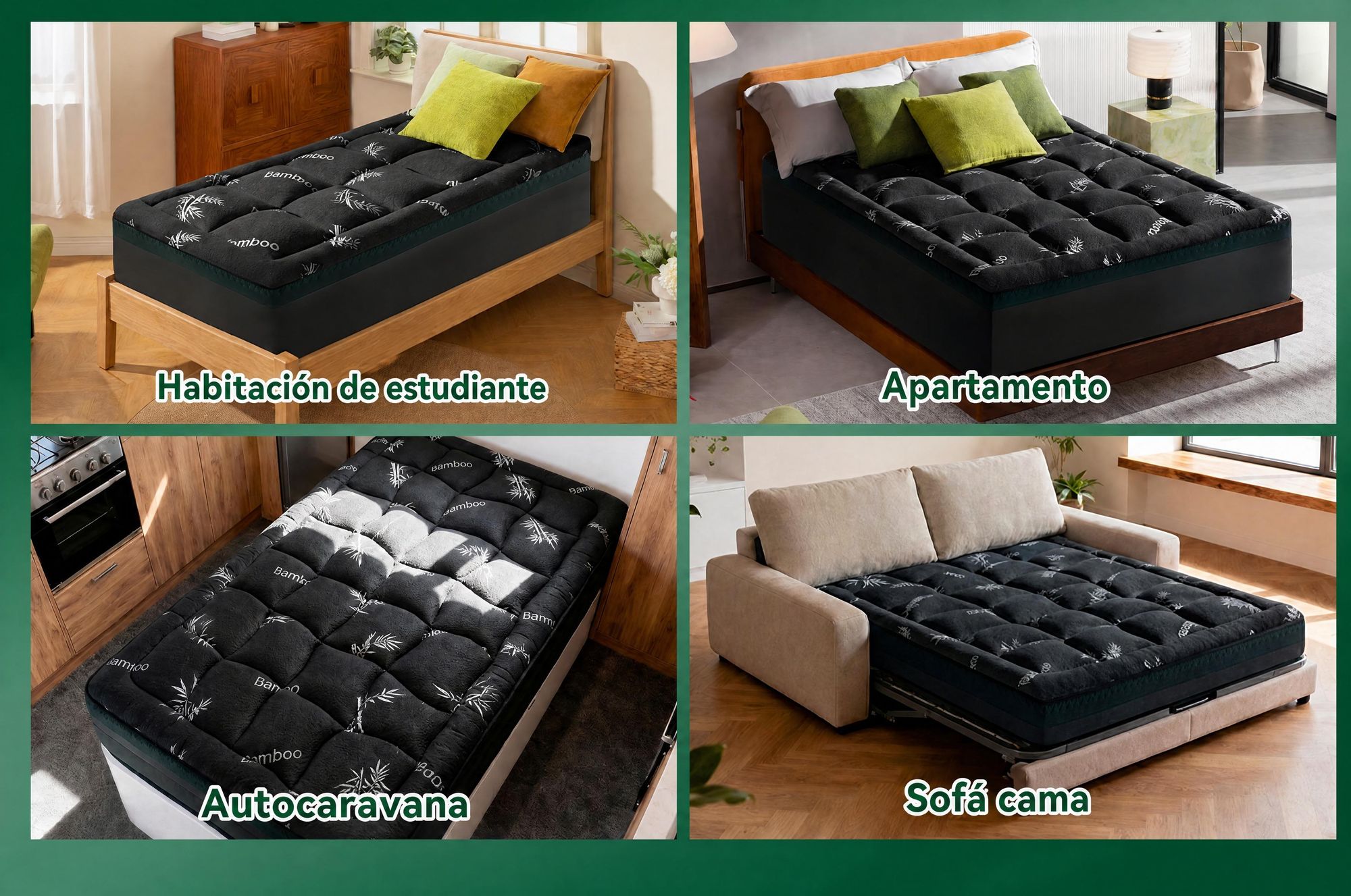 NicePlus, colchón de arriba de 2 en 1, 90x200x7 cm, espuma viscoelástica de 5 zonas + acolchado de bambú, con elásticos en las esquinas para adaptarse a todos los colchones, firmeza H2/H3, color negro
