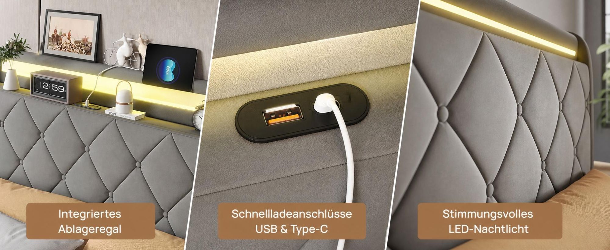 INONEFT Boxspringbett Polsterbett 160x200 mit LED & USB/C,Doppelbett Bett mit 4 Schubladen und Lattenrost,Bettgestell mit Stauraum-Kopfteil,Samt Grau