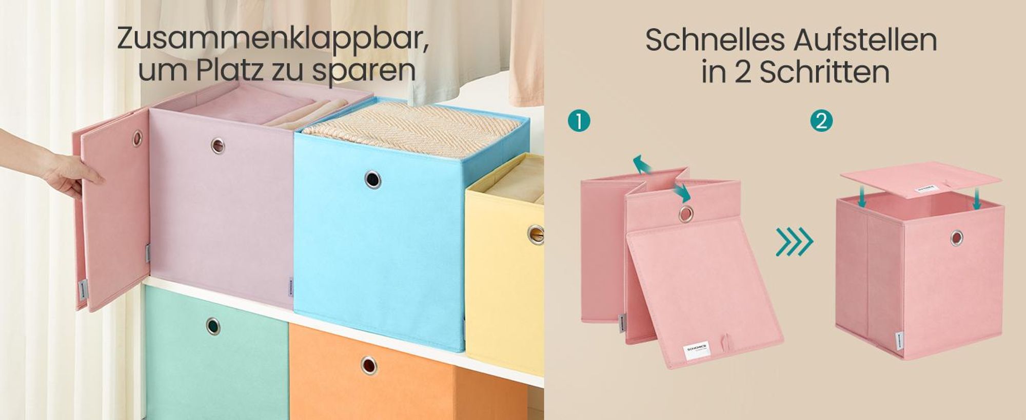 SONGMICS Aufbewahrungsbox, 6er Set, Ordnungsboxen, geruchstral, Faltbox, 33 x 33 x 33 cm, Stoffbox, für Würfelregal, Organizer bunt