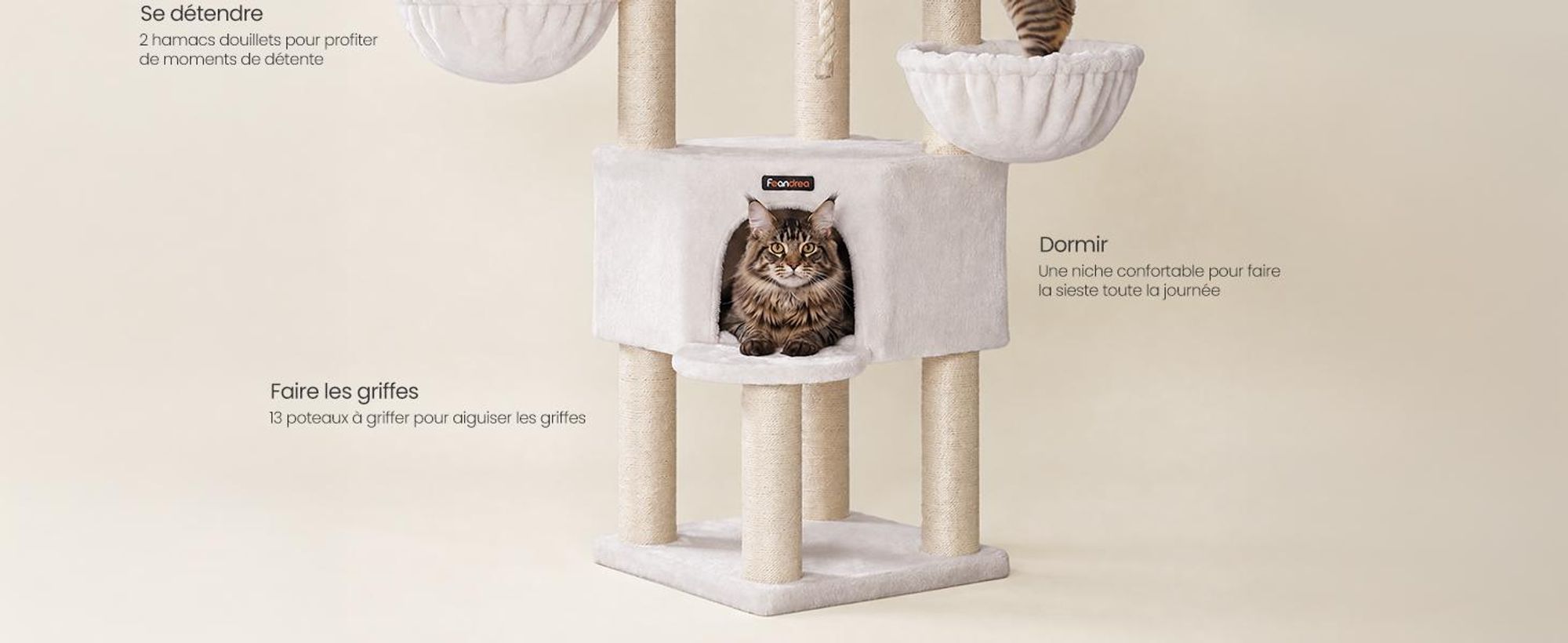 FEANDREA Kratzbaum, mehrstöckiger Katzenbaum, dicke Sisalstämme, für große Katzen, Katzenkratzbaum, weiß