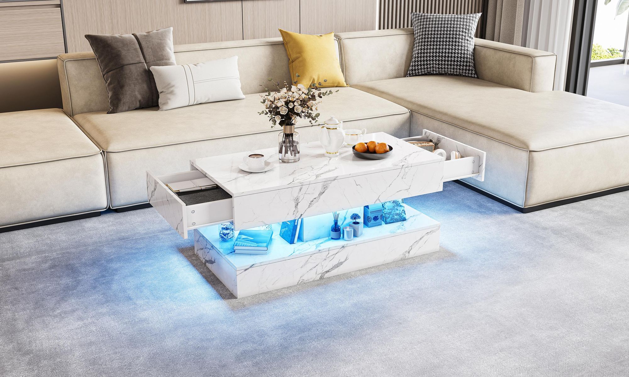 INONEFT Couchtisch mit LED und verstecktem Stauraum,2 Schubladen,Rechteckiger Hochglanz Beistelltisch,Wohnzimmertisch,Weiß
