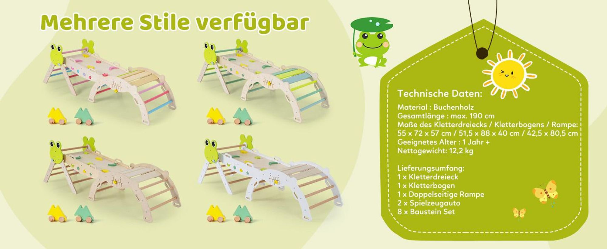 COSTWAY Klettergerüst Indoor 3er Set, klappabres Kletterdreieck mit Rutsche, Kletterbogen, doppelseitige Rampe, Baustein Set&2 Autos, für Kinder 1+
