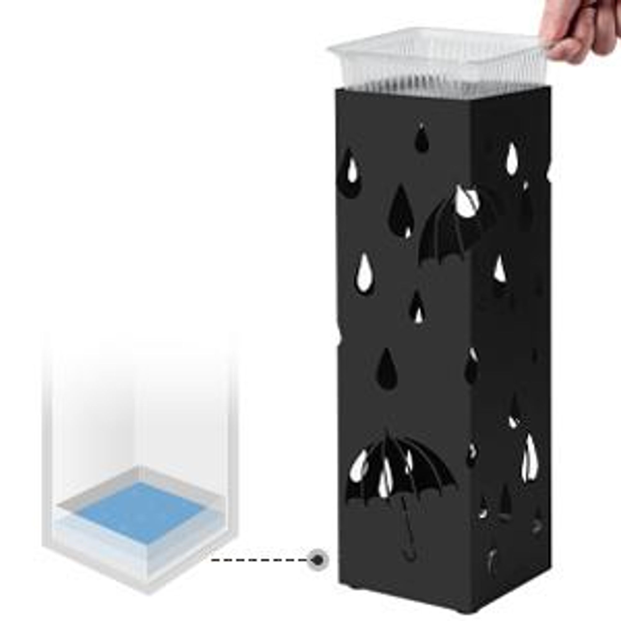 SONGMICS Ø 15,5 x49cm Schirmständer 2 Haken Metall Regenschirm Wasserauffangschale schwarz werdern verschenkt rechteckig LUC49B