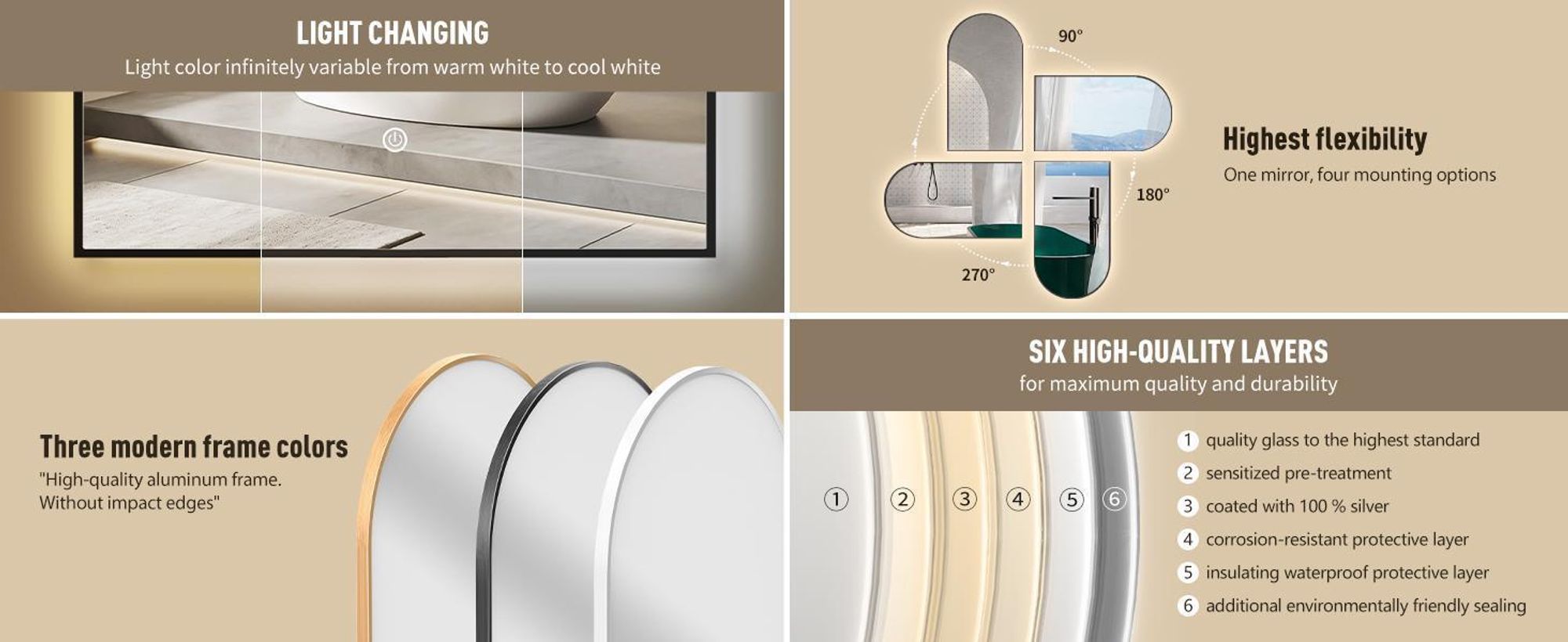 HOKO Miroir de salle de bain arc LED 60x100cm avec cadre métallique, montage HAUT+QUI, miroir lumineux Arch+interrupteur tactile+lumière changeant 2700-6500K, blanc chaud-froid