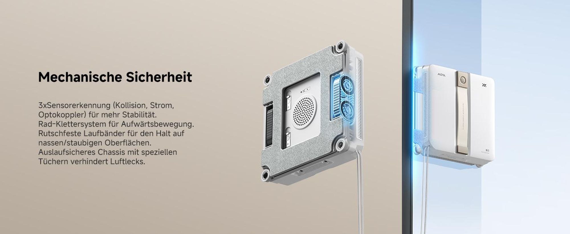 MOVA N1 Fensterputzroboter – kompakt, leicht, 8000 Pa Saugleistung, 32 m² Reichweite, 120 ml Wassertank, Smart Clean