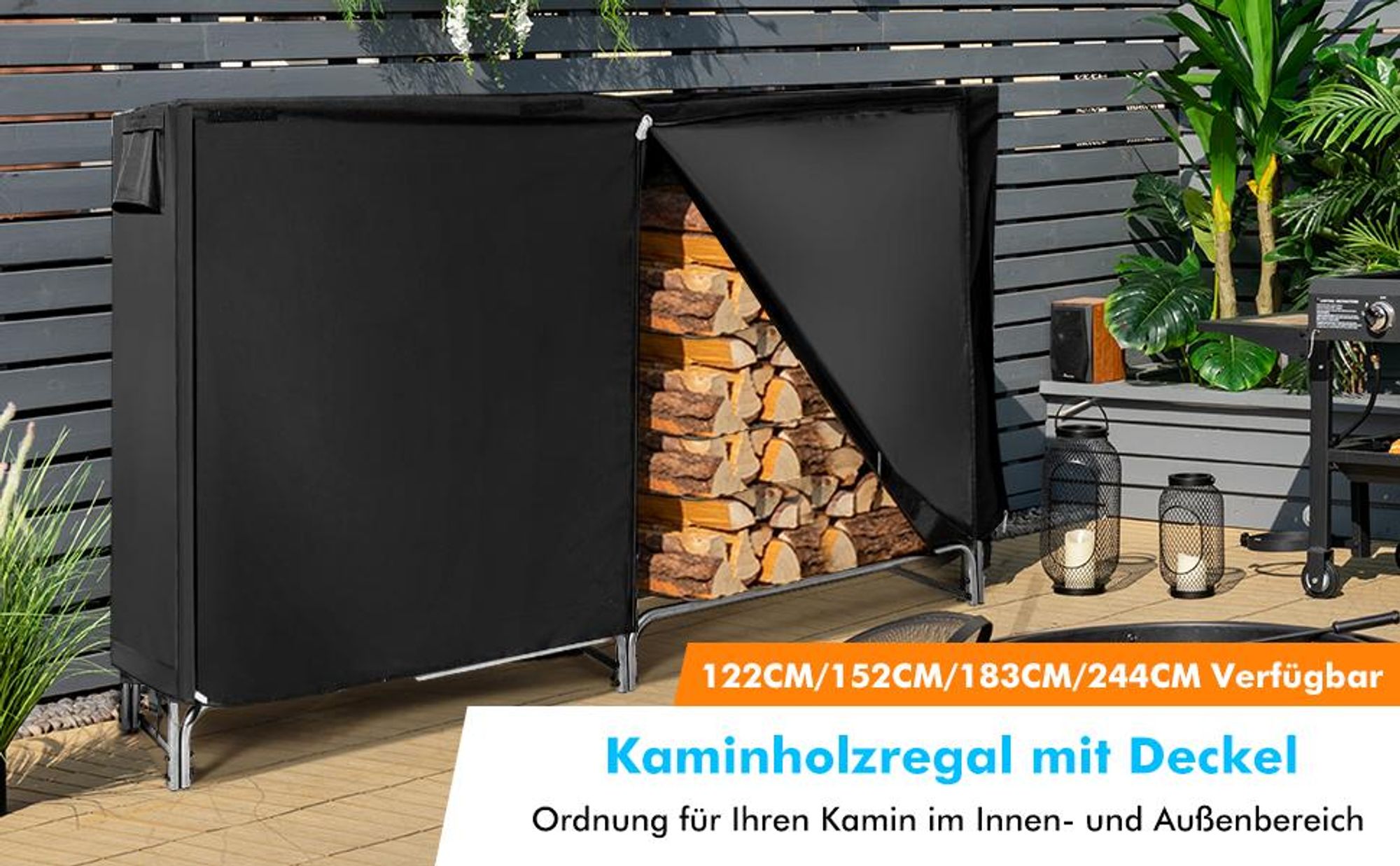 COSTWAY Kaminholzregal Metall, Brennholzregal mit wasserdichter Abdeckung, Kaminholzständer, Feuerholzregal 122,5 x 35,5 x 122,5 cm
