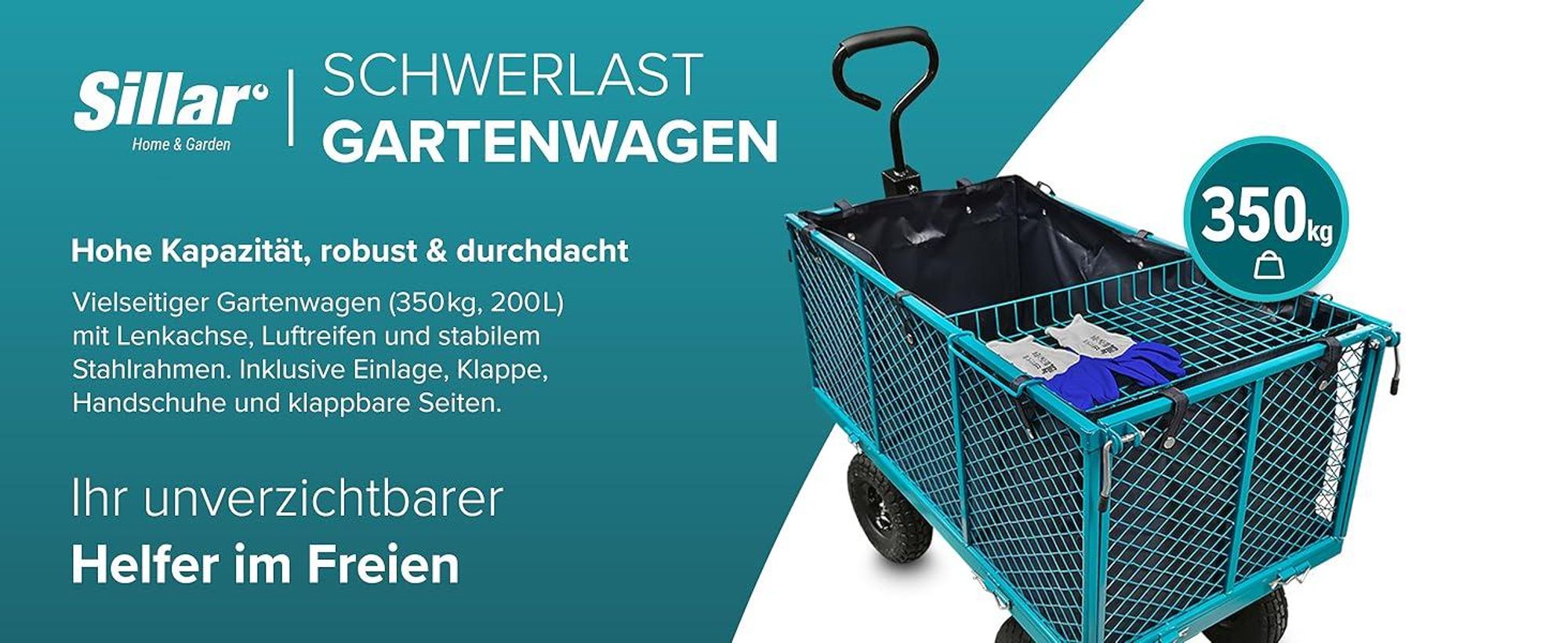 Sillar Bollerwagen klappbar 350 kg Gartenwagen faltbar mit Luftreifen 200L Transportwagen