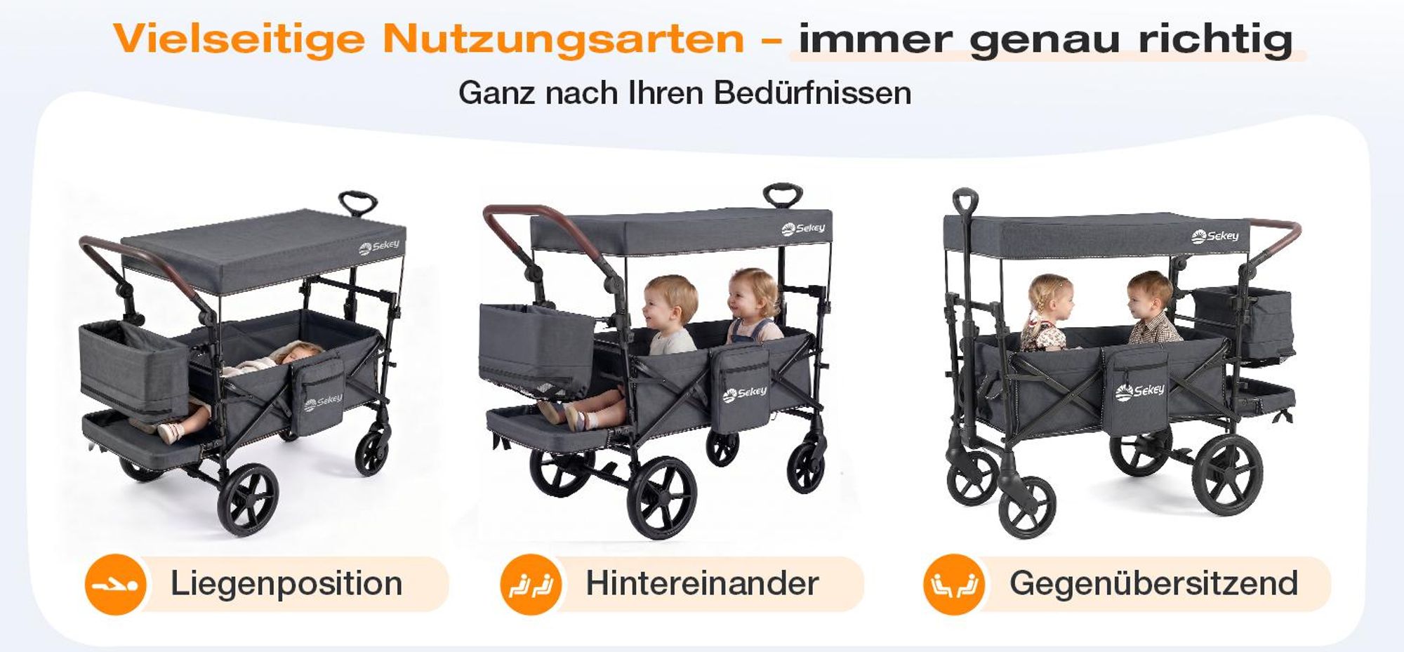 Sekey Bollerwagen Faltbar mit Dach Kinder Bollerwagen mit XXL-Rädern (24/20 cm), mit Zieh-/Schiebegriff, mit schwarz-weißer Paspelierung, Schwarz