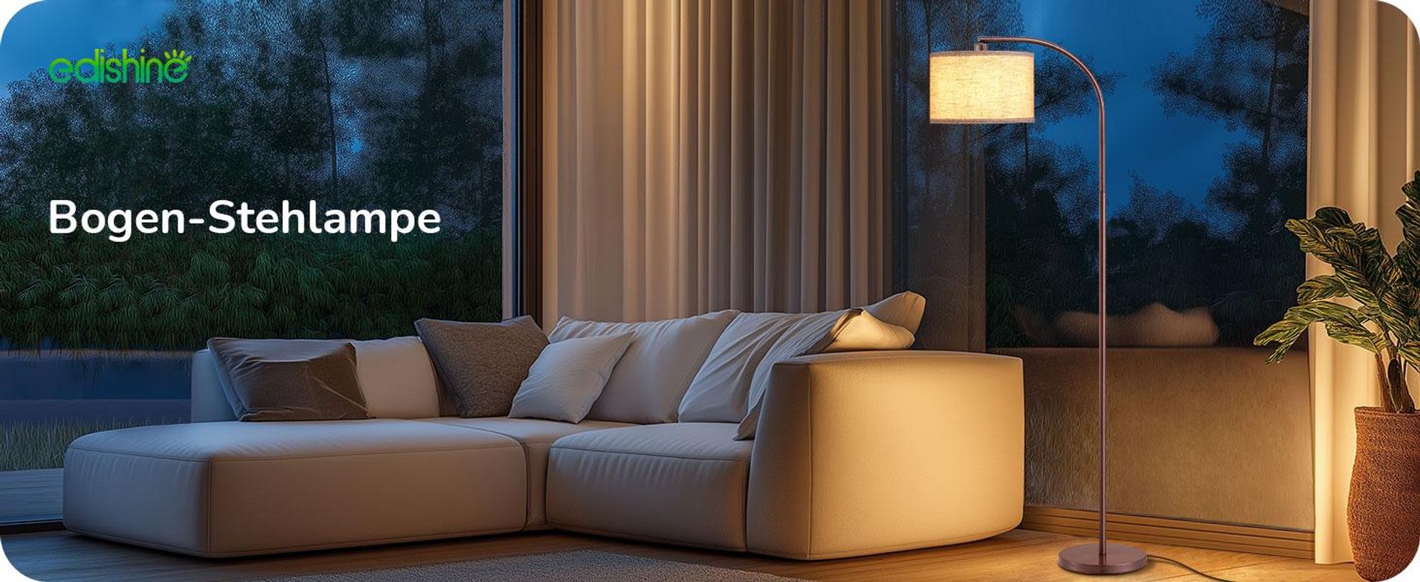 EDISHINE Braun Stehlampe Wohnzimmer mit Verstellem Beigen Leinen-Lampenschirm & Fußschalter, 161cm Bogenlampe, Leselampe mit E27 LED-Glühbirne