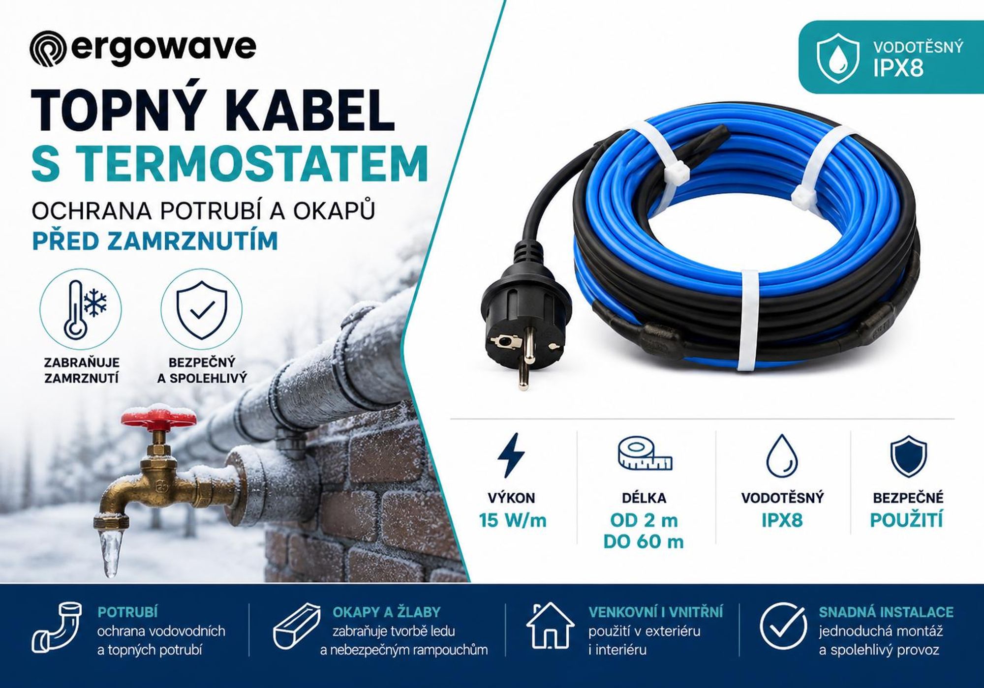 Topný kabel pro trubky s termostatem – ochrana proti mrazu, 6 m, ergowave