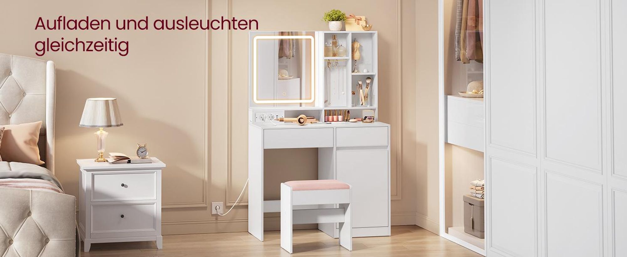 VASAGLE Schminktisch mit LED-Beleuchtung, Steckdosenleiste, Frisiertisch mit Schubladen, 90 cm breit, verstellbaren Ablagen, Schmuckaufbewahrung