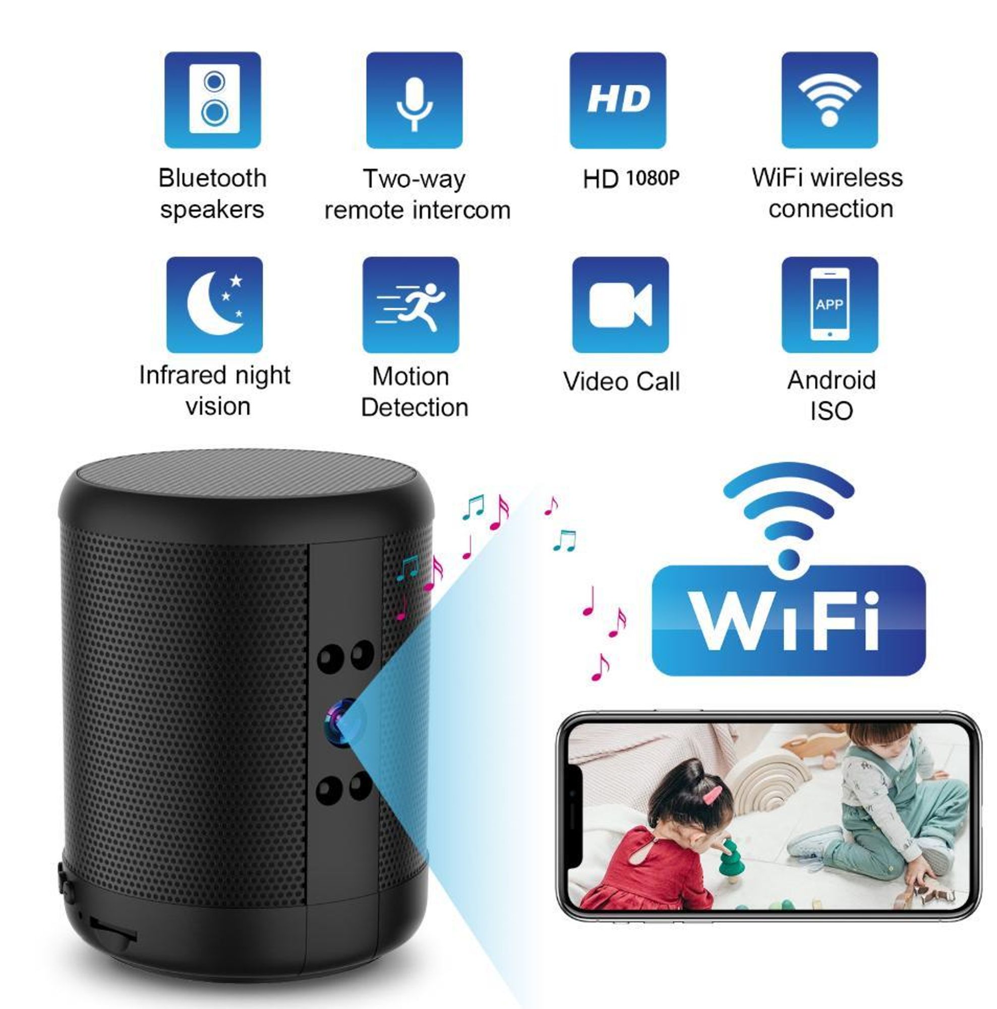 1080p HD Mini WLAN Kamera mit Bluetooth-Lautsprecher, Haussicherung, Überwachung, Nachtsicht und Zwei-Wege-Fernsprechanlage