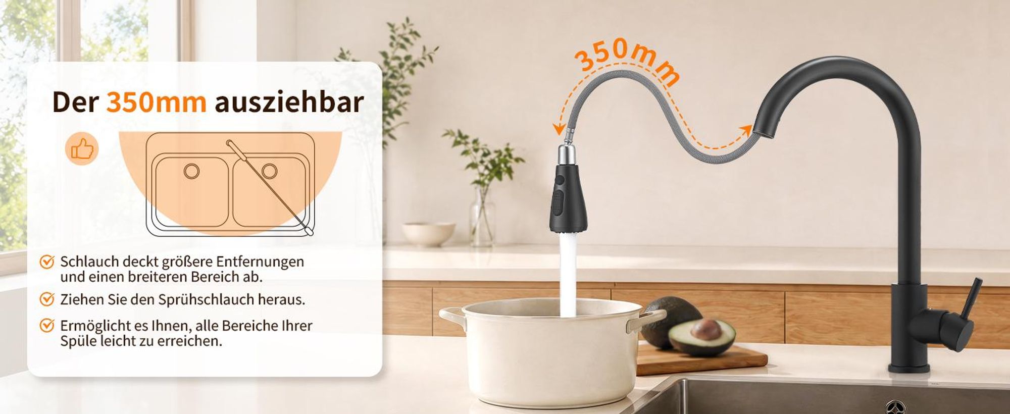 Homelody Schwarz Küchenarmatur Spültischarmatur mit Brause 35cm, Wasserhahn Küche Ausziehbar mit Zwei Wasserstrahlarten, 360°Schwenkbar, Edelstahl 304