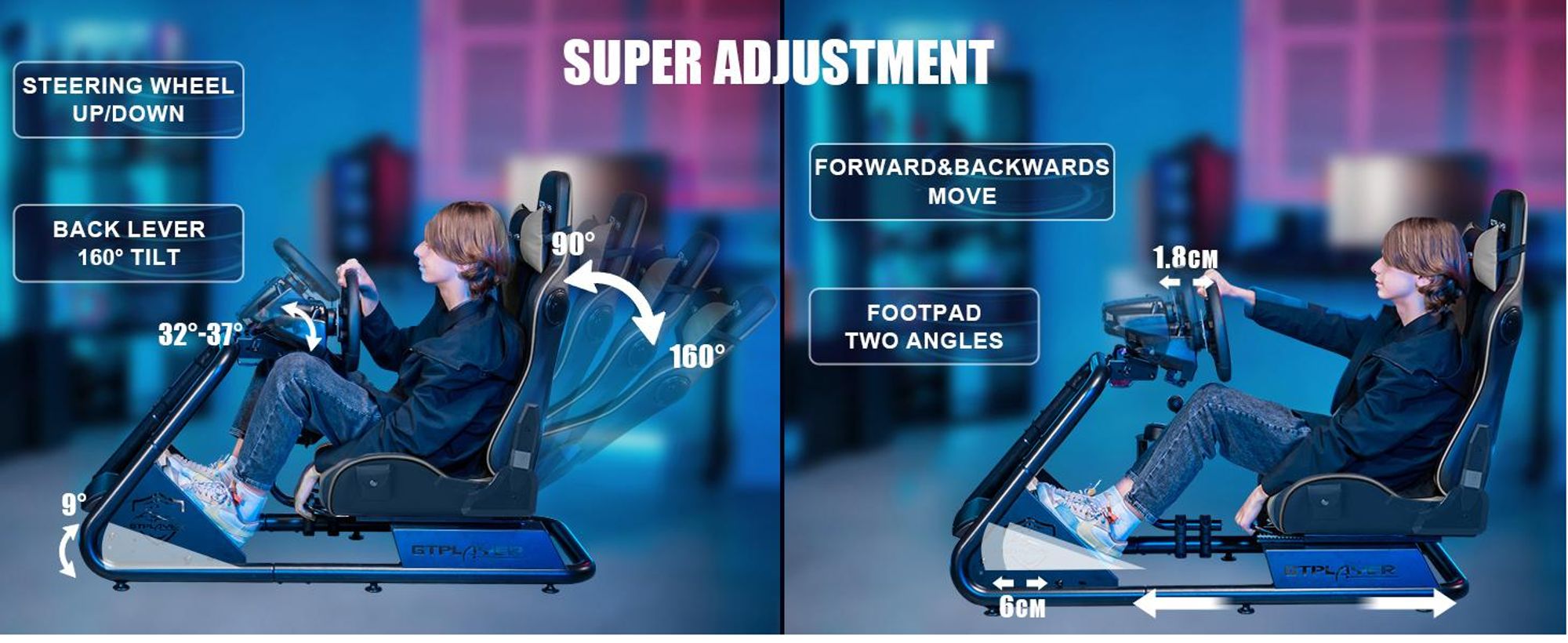GTPLAYER cockpit simulatore, cockpit da corsa SIM, supporto volante simulatore di corse sedia da gioco supporto volante da corsa con altoparlante Bluetooth e vassoio pedaliera