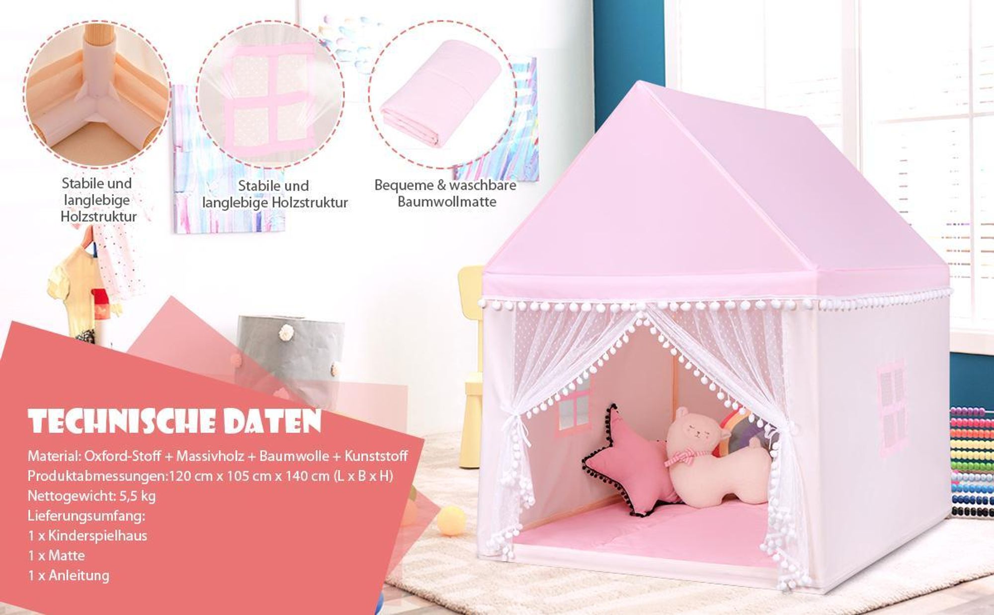 COSTWAY Kinderspielhaus Kinderzelt, Kinderspielzelt für 3-4 Kinder Spielhaus mit Massivholzrahmen & Baumwolldecke 120x105x140cm Beige, Braun