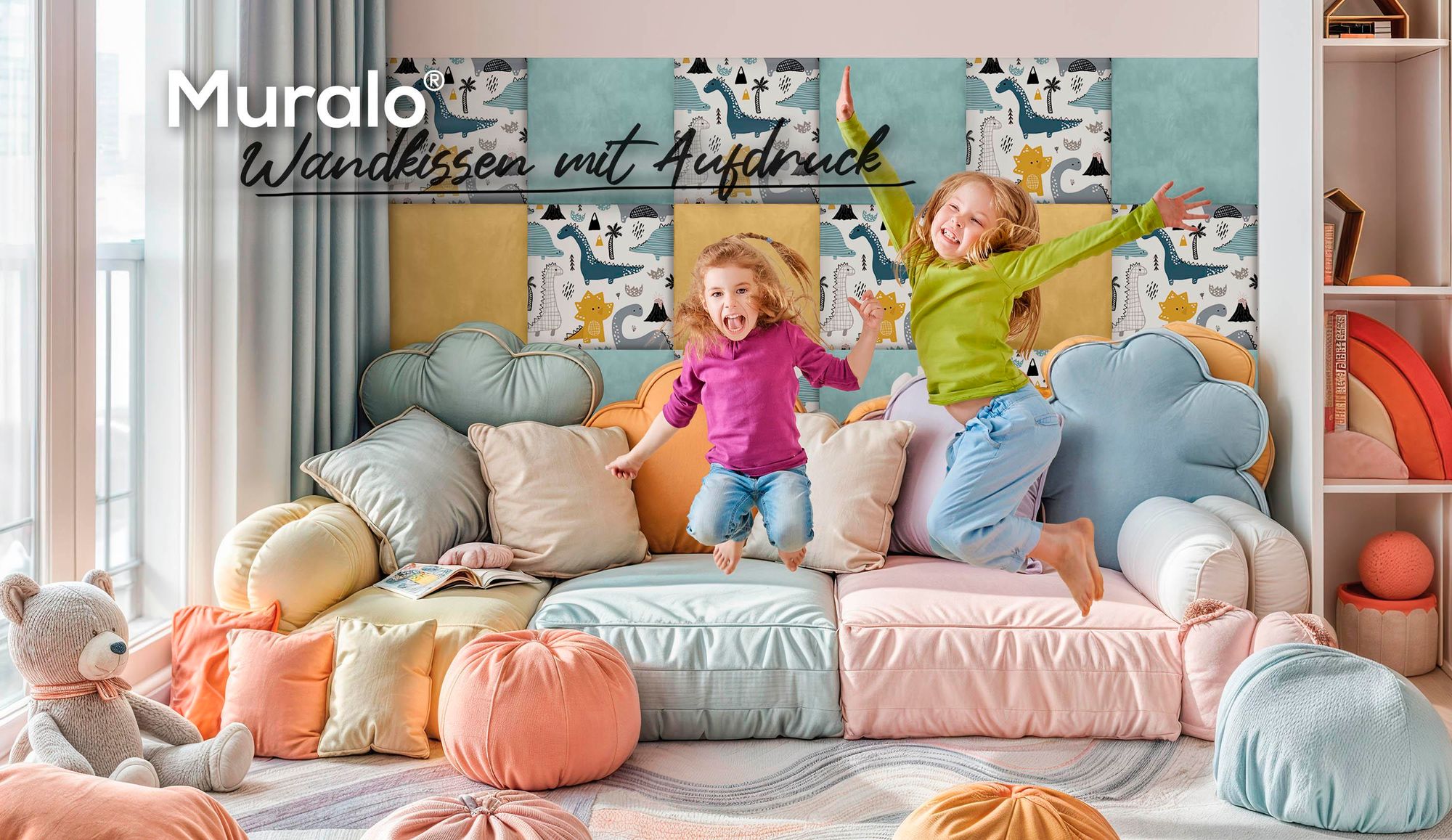 Muralo Gepolstertes Wandpaneel mit Aufdruck für Kinder POLSTERPANEEL 30x30 Paneel Wandpolster Dinosaurier Skandinavischer Stil Wanddeko für Kinderzimmer