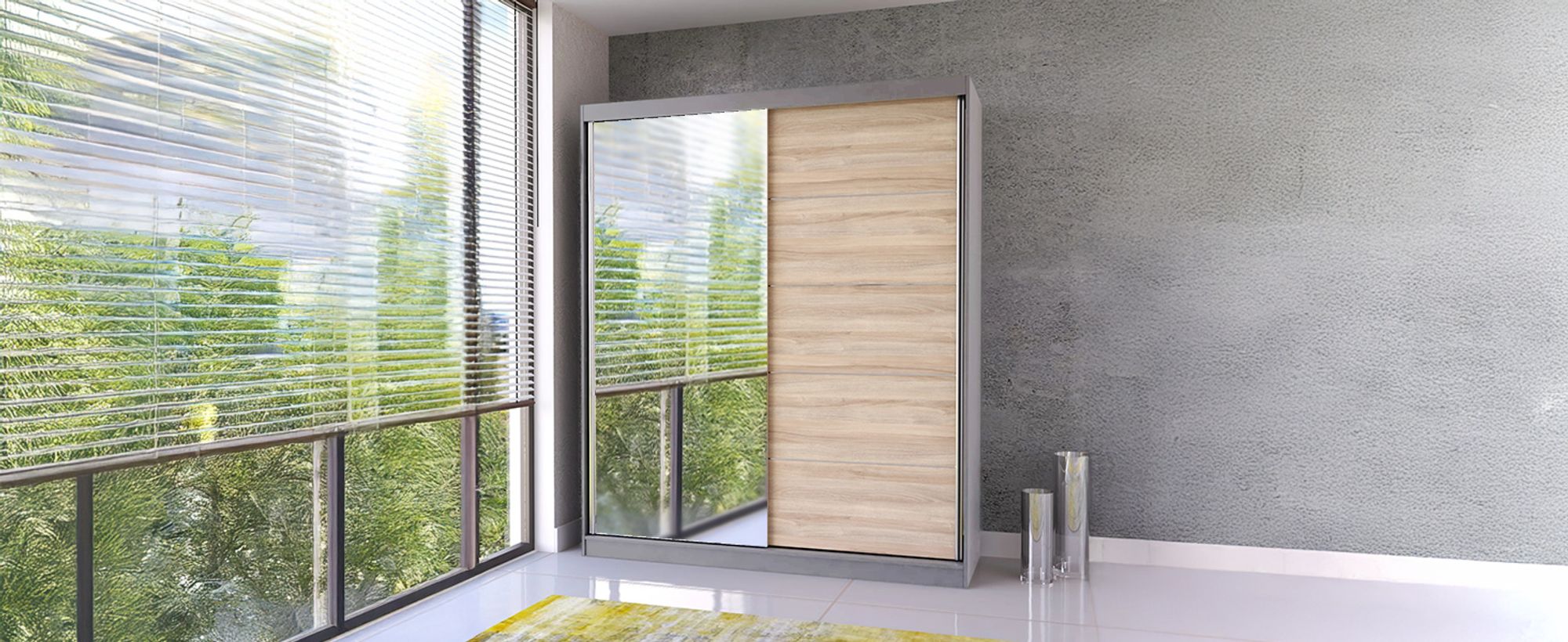 Schwebetürenschrank Kleiderschrank Bella 03, 183 cm, Grau/Sonoma, mit Spiegel
