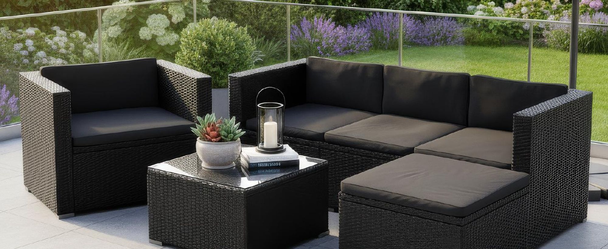 Juskys Polyrattan Lounge Punta Cana L schwarz – Gartenlounge Set 4-5 Personen – Sitzgruppe mit Sessel, Sofa, Tisch & Hocker - Sitzbezüge Dunkelgrau