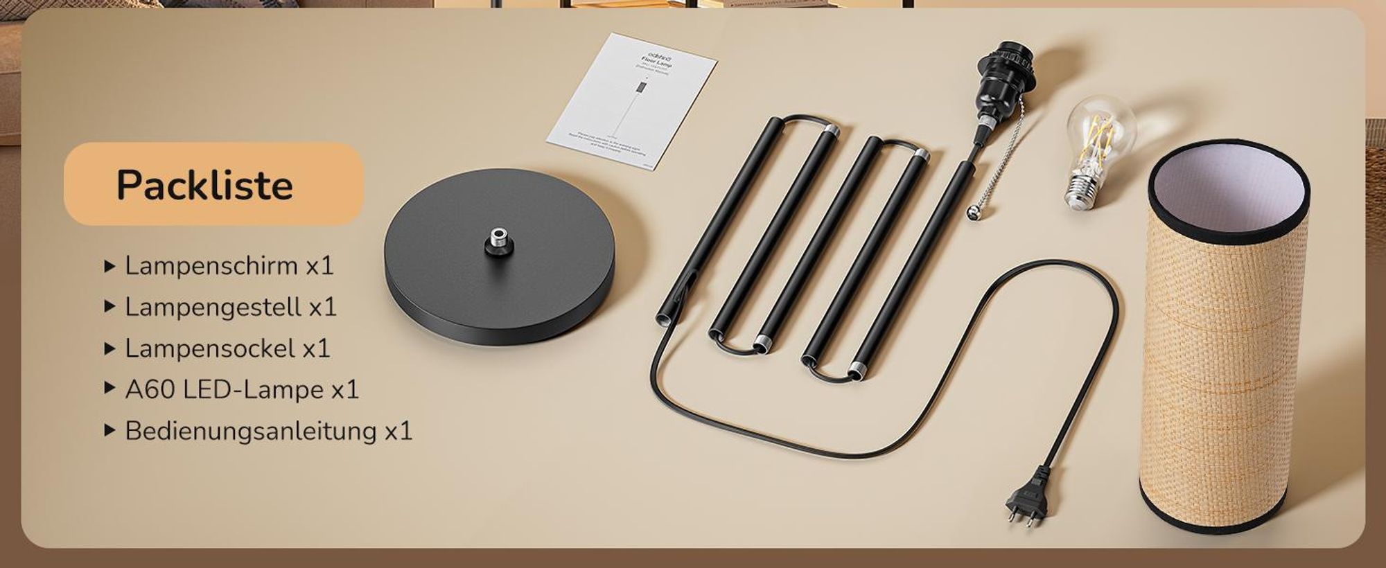 EDISHINE Stehlampe Wohnzimmer, Moderne Stehleuchte Schwarz mit geflochtenem Seil-Lampenschirm & Marmorsockel,inkl. 6W LED-Lampe