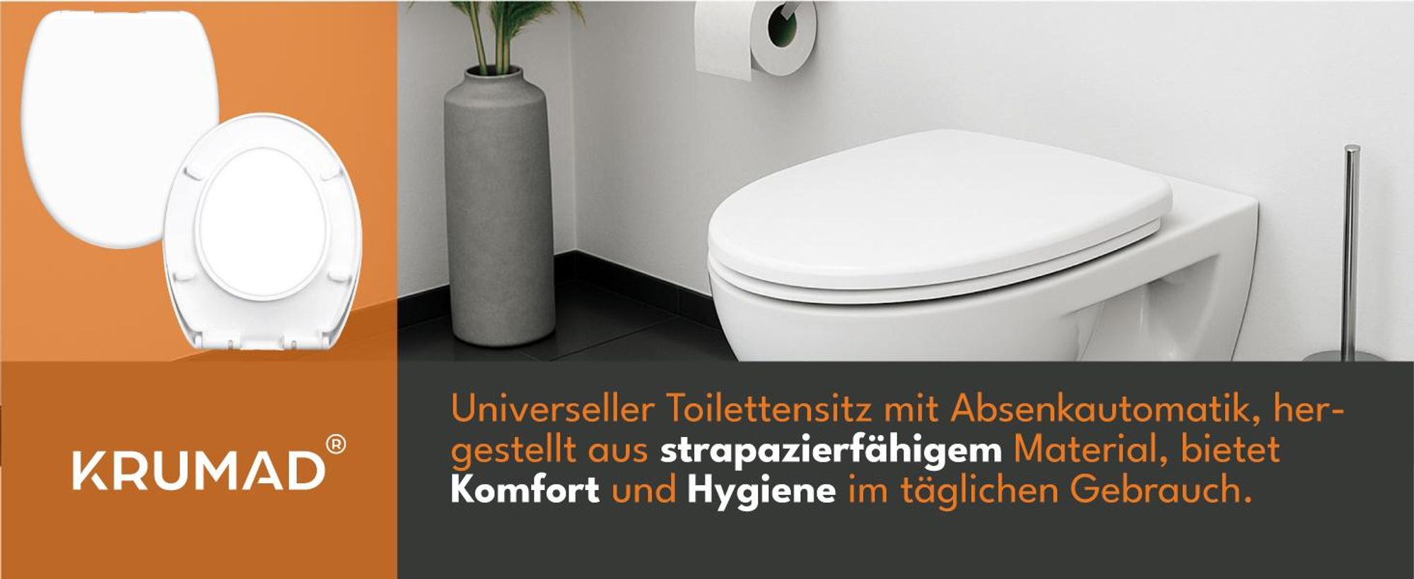 KRUMAD Toilettendeckel mit Absenkautomatik - WC Sitz aus hochwertigem PP mit Softclose, Schnellverschluss & verstellbarer Befestigung 13–20 cm