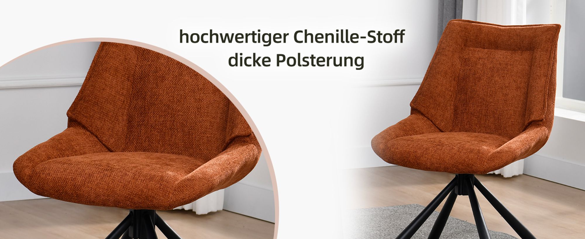 Duhome Esszimmerstuhl Ergonomischer Küchenstuhl 180° drehbar Stuhl aus Chenille Stoff und Metallgestell Loungestuhl mit Rückstellfunktion, Orange