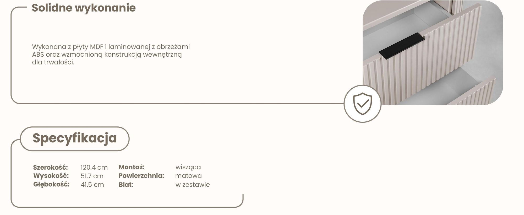 Szafka Pod Umywalkę - 120 Cm - Wisząca - Beżowy Mat