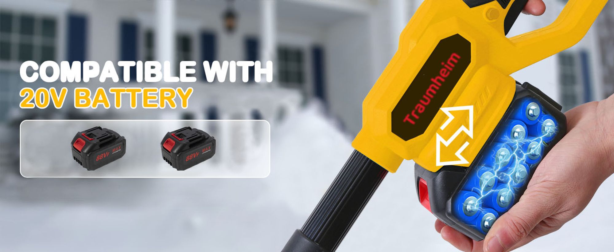 20V Akku-Schneefräse, abnehmbare Schneefräsen, maximale Wurfweite 8 m, Schneeräumbreite 28 cm, 2Akkus, Zusatzhandgriff, elektrische Schneeräumung,Gelb