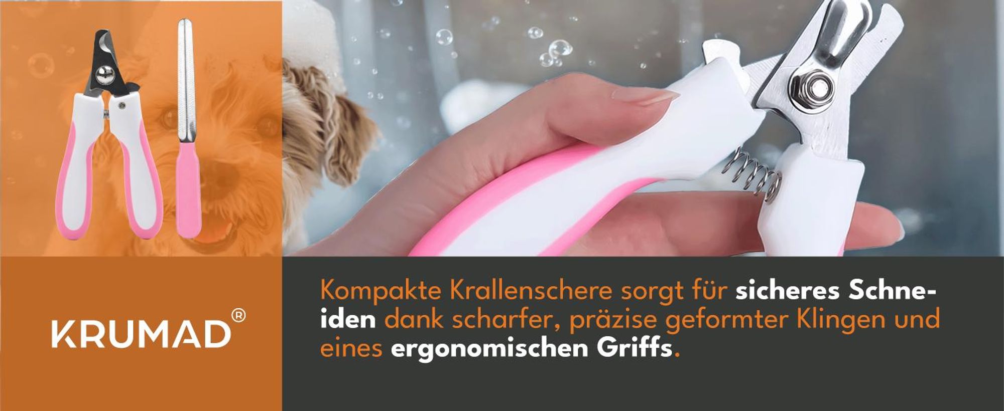 KRUMAD Krallenschere für Hunde & Katzen mit Nagelfeile, sicherer Nagelknipser aus Edelstahl, ergonomische Krallenpflege für Haustiere