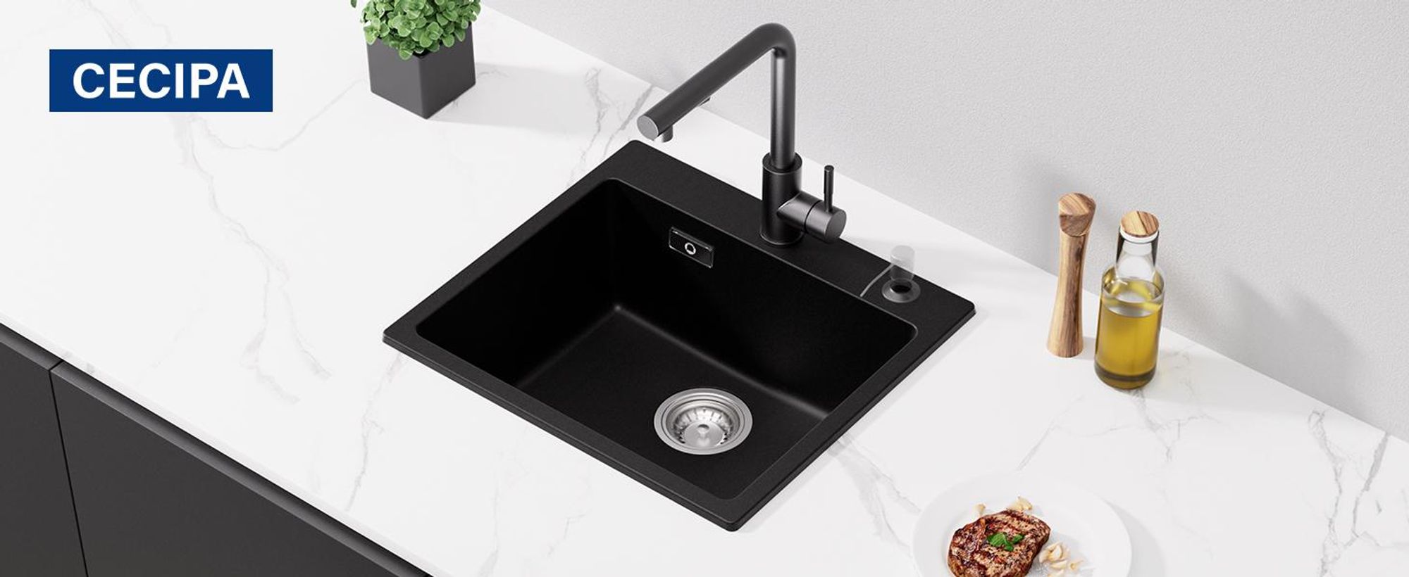 Cecipa Quarzkomposit Spüle 50x45 cm Schwarz, Kratzfest Küchenspüle, Hitzebeständig Einbauspüle mit Siphon,  Pflegeleicht, T4-Technologie Top-Mount