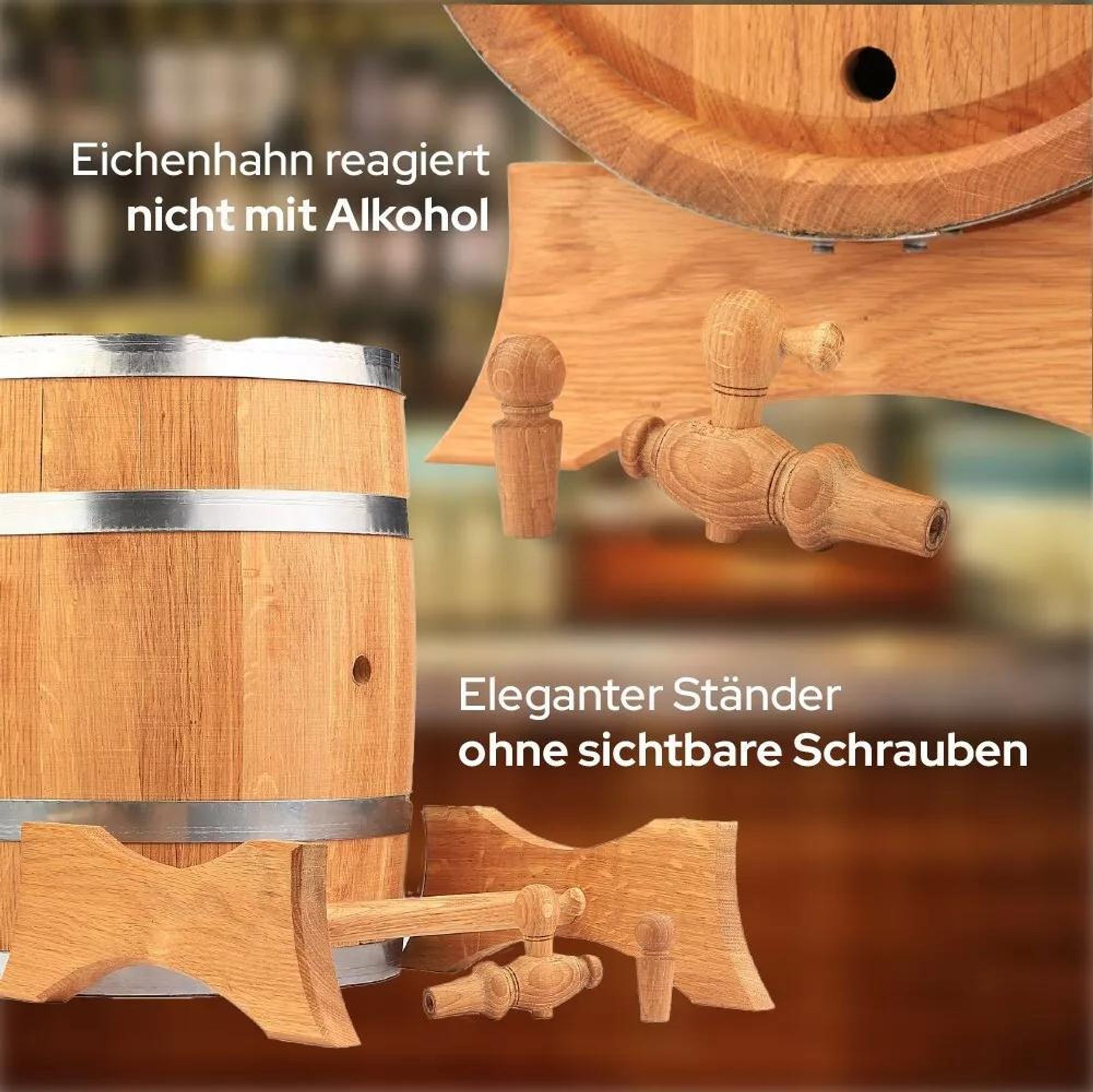 MB Eichenfass 40L aus Naturholz – Whiskyfass, Weinfass, Holz Fass Deko – Eiche Gebrannt, mit Ständer und Zapfhahn – Geschenk für Bar & Zuhause