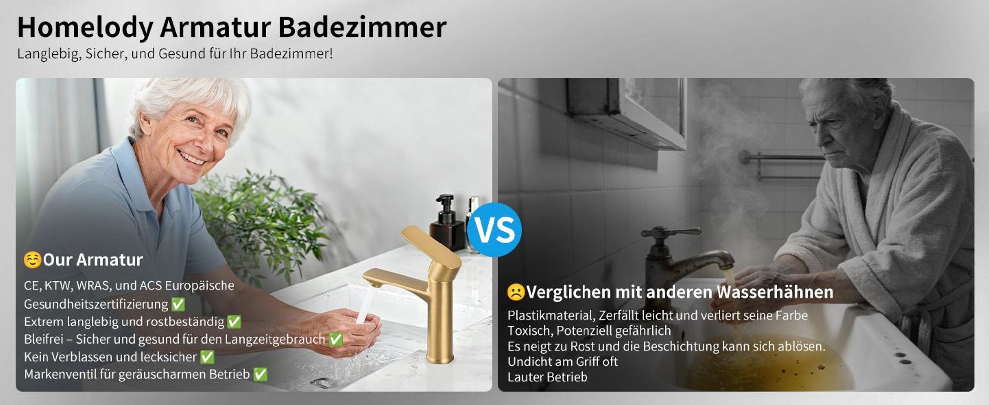Homelody Wasserhahn bad, Mischbatterie Wasserhahn, Waschtischarmatur Einhebelmischer, Badarmatur waschbecken Spültischarmatur, Gebürstetes Gold