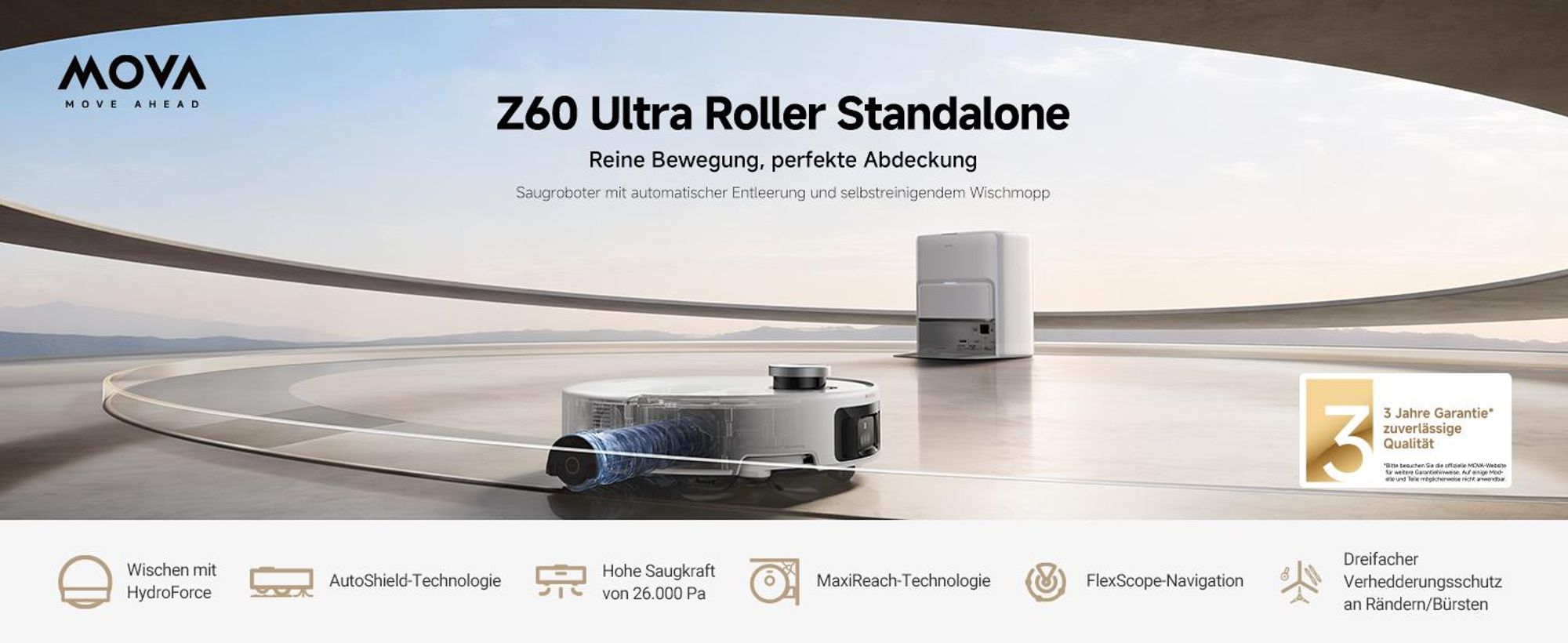 MOVA Z60 Ultra Roller Standalone – Saugroboter mit automatischer Entleerung, Selbstreinigendem Wischmopp, Präzise Navigation, Vollflächige Reinigung