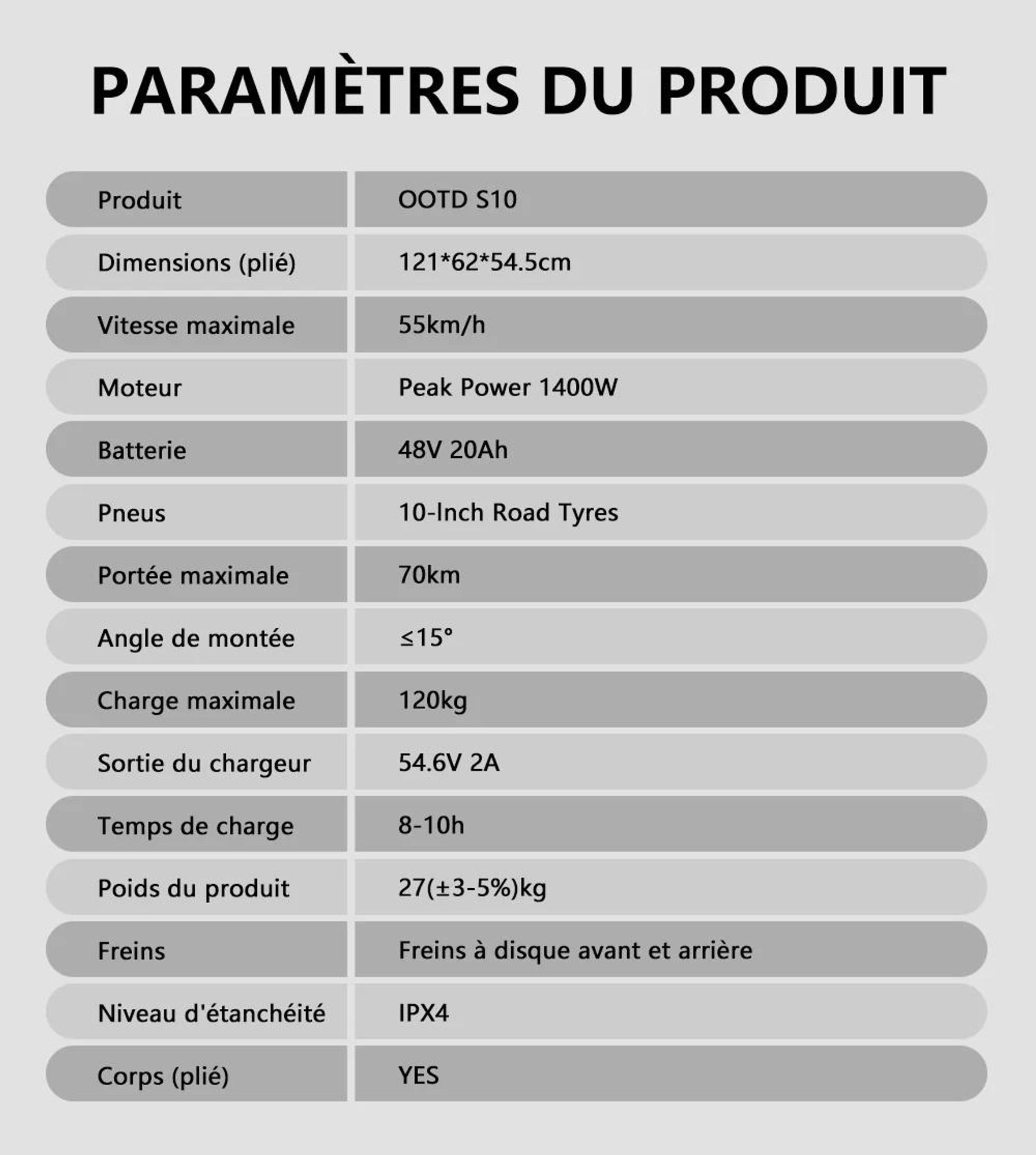 Trottinette Électrique OOTD S10 - Batterie 48V20AH 10" Pouces Roues Freins à Disque - Noir
