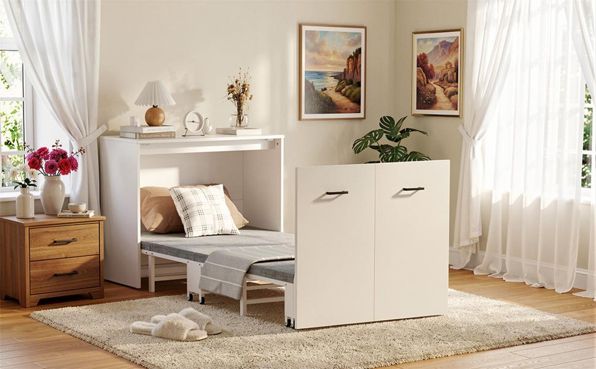 Schrankbett mit Matratze, klappbares Gästebett im Schrank,Platzsparendes Klappbett auf Rollen, 2-in-1 Möbel für Wohnzimmer & Gästezimmer, Weiß