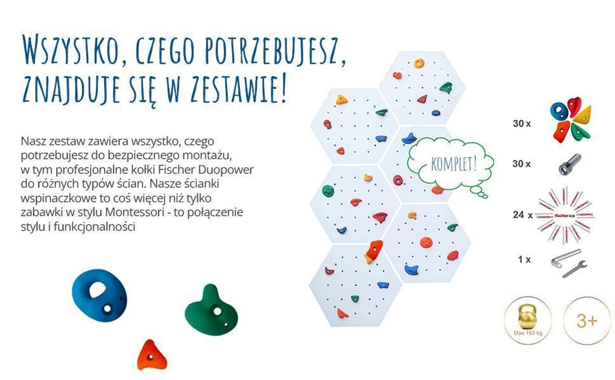Create for you® – Ścianka Wspinaczkowa, 6x Panel 150x200 cm, 30 Szarych Chwytów