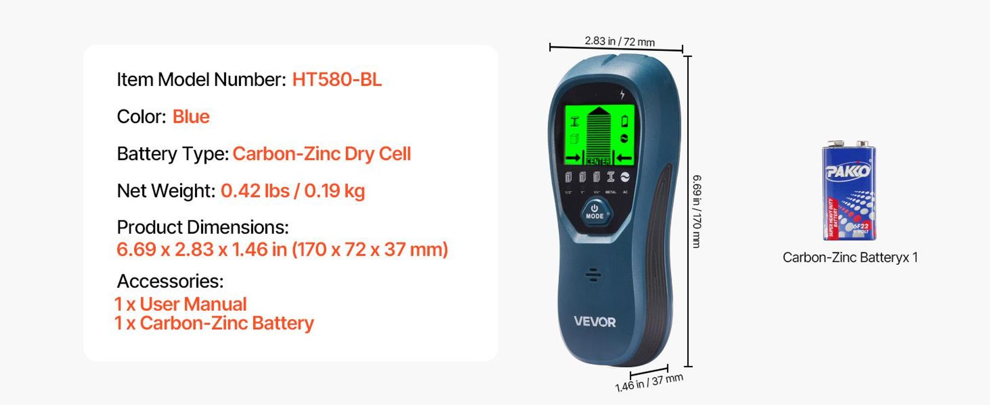 VEVOR Stud Finder Wandscanner, 5 in 1, Elektronischer Wandständer-Detektor mit Smart-Sensor, Hochauflösendes LCD-Display und Audioalarm, für die Mitte und Kante von Metall, AC-Draht, Balken, Rohren, Orange, Blau
