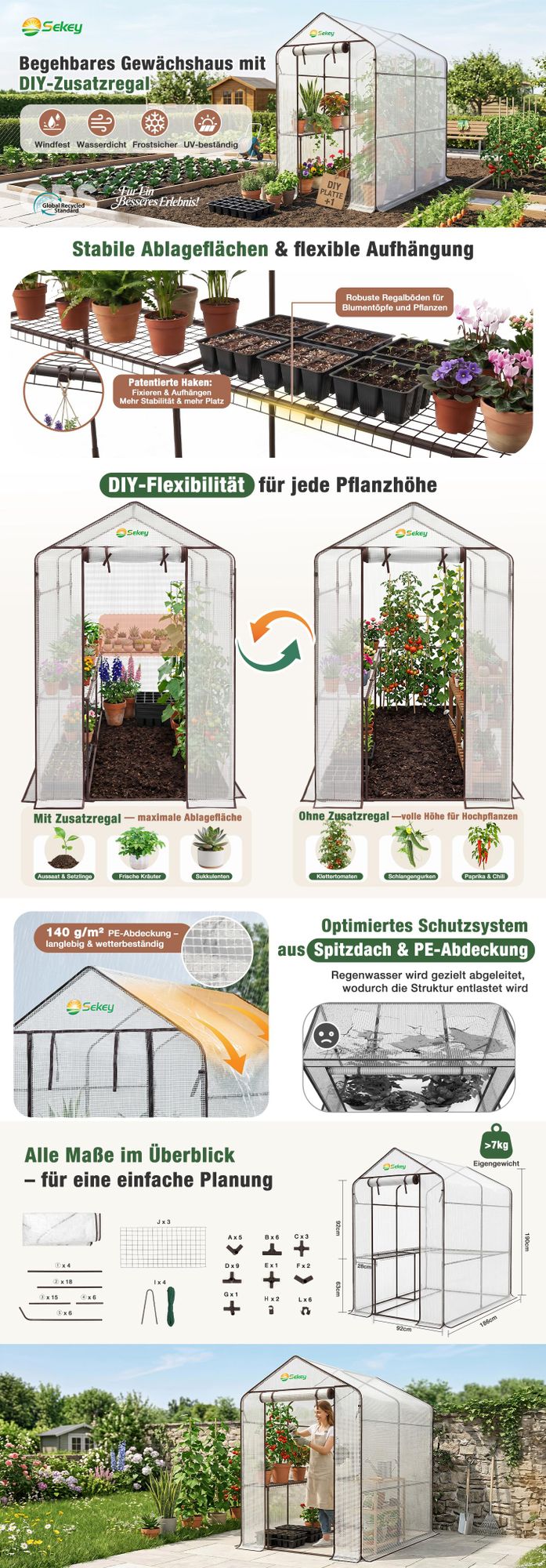 Sekey Gewächshaus Begehbares Foliengewächshaus mit 8 Regalebenen Treibhaus für Garten 120x186x190cm Tomatenhaus Winterfest Gewächshaus mit Tür