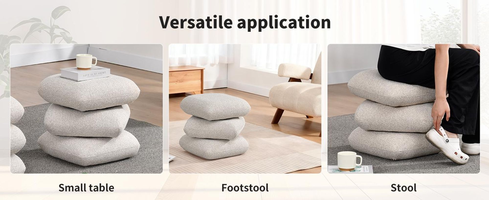 Duhome Bouclé pouf 360° otočný otoman Moderný podnožník do obývačky, spálne, predsiene, béžová farba