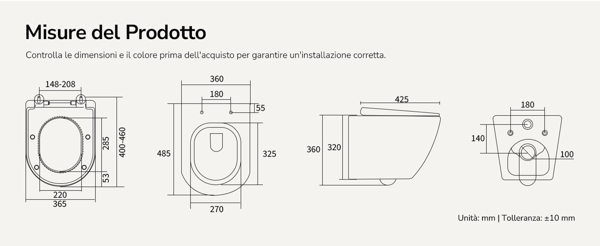 EMKE WC sospeso in ceramica senza bordo WC sospeso a risparmio idrico con risciacquo diretto Doppio foro di risciacquo Coperchio con chiusura morbida Bianco lucido