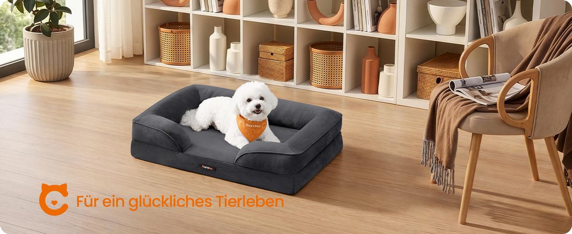 FEANDREA Orthopädisches Hundebett M, abnehmbarer Bezug, erhöhte Ränder, rutschfest, waschbar, Haustierbett, dunkelgrau