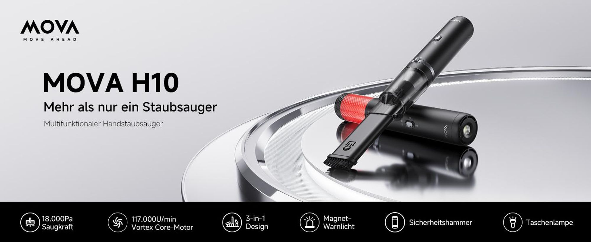 MOVA H10 Kabelloser Staubsauger, 18.000Pa Saugkraft, 3-in-1 Handstaubsauger, LED-Licht, Sicherheitshammer, Ultraleicht 450g, Für Auto & Zuhause